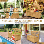 Outdoor Wooden Storage Bench, 44 Inch Patio Storage Loveseat with Armrest, Natural Acacia Wood Deck Box with Seating, Garden Organizer Bench for Backyard Poolside