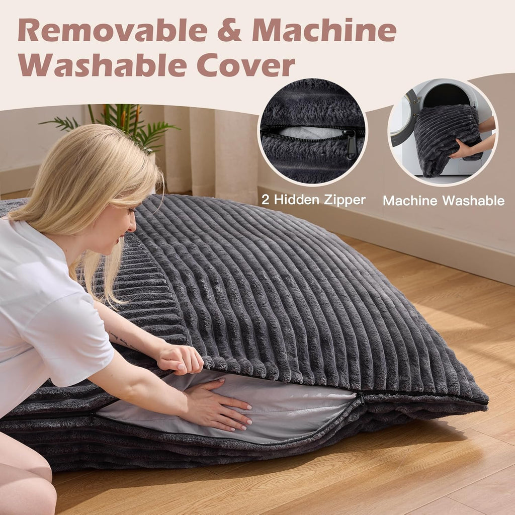 Bean Bag Chair, Giant Bean Bag Chair, 4 in 1 Convertible Beanbag Chairs for Adults with Removable Cover, Memory Foam Floor Cushions, Living Room, Bedroom, Dark Grey