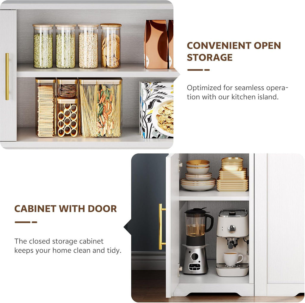 Hutch Cabinet with Storage, 65" Tall Kitchen Pantry with Power Outlet, Double Pull Out Trash Can Cabinet, Kitchen Hutch with Countertop and Drawers, Modern Pantries for Home, White
