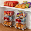 Maxdot 2 Pack 3 Tier Rolling Pantry Floor Organizer and Storage Cart with Wheels Stackable Pantry Metal Wire Baskets Kitchen Fruit Snacks Basket Stand for Kitchen Office Living Room (White)