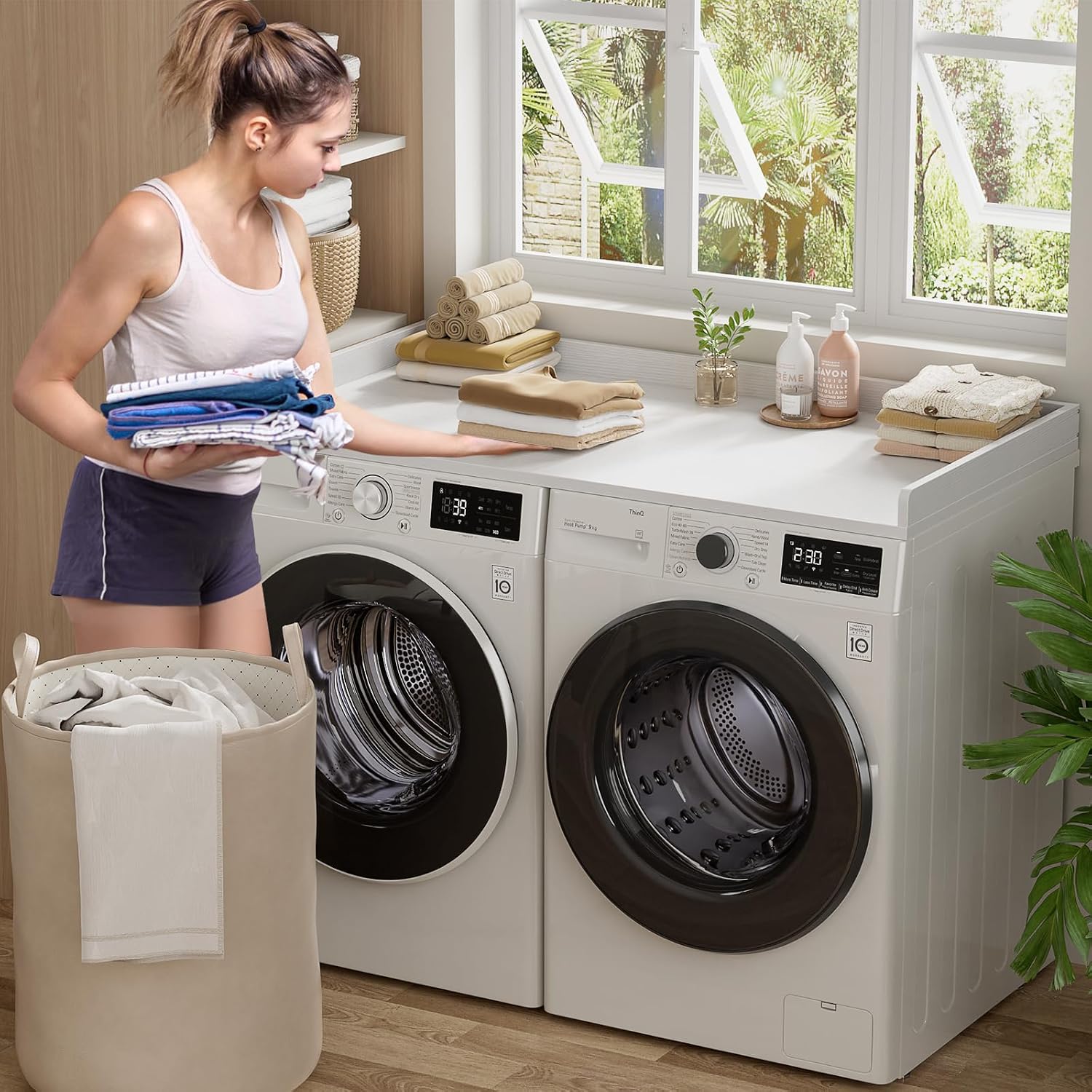 Aheaplus Washer and Dryer Countertop, Laundry Room Organization with Non-Slip Pads, Wood Shelf Topper with Round Corner Edge Rails, Folding Organizer for Laundry, 54" W x 27.5" D, White