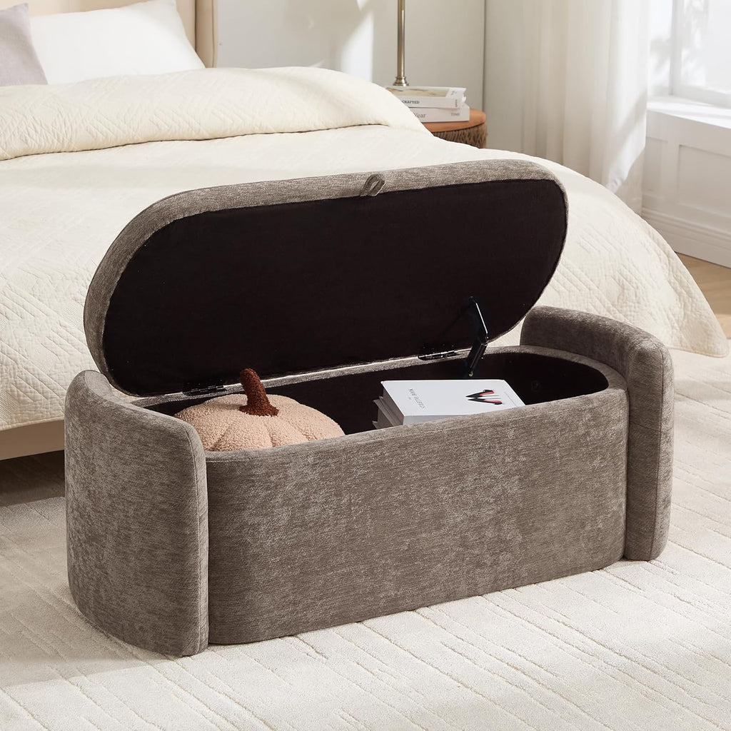 Oval Storage Ottoman Bench, 45" Upholstered Chenille End of Bed Bench Ottomans Bench, Storage Ottoman Foot Rest, Living Room and Hallway, Light Brown