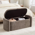Oval Storage Ottoman Bench, 45" Upholstered Chenille End of Bed Bench Ottomans Bench, Storage Ottoman Foot Rest, Living Room and Hallway, Light Brown