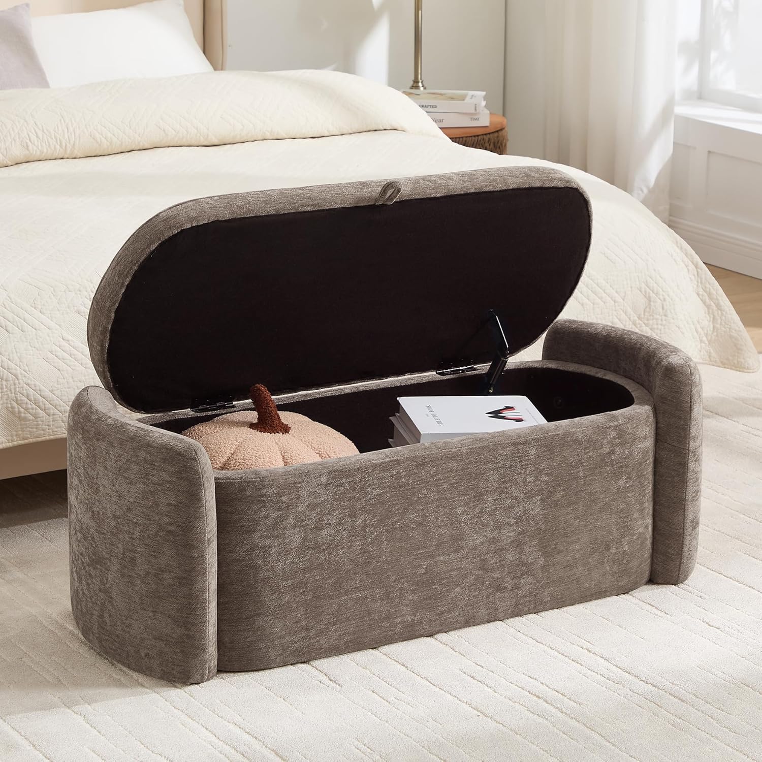 Oval Storage Ottoman Bench, 45" Upholstered Chenille End of Bed Bench Ottomans Bench, Storage Ottoman Foot Rest, Living Room and Hallway, Light Brown