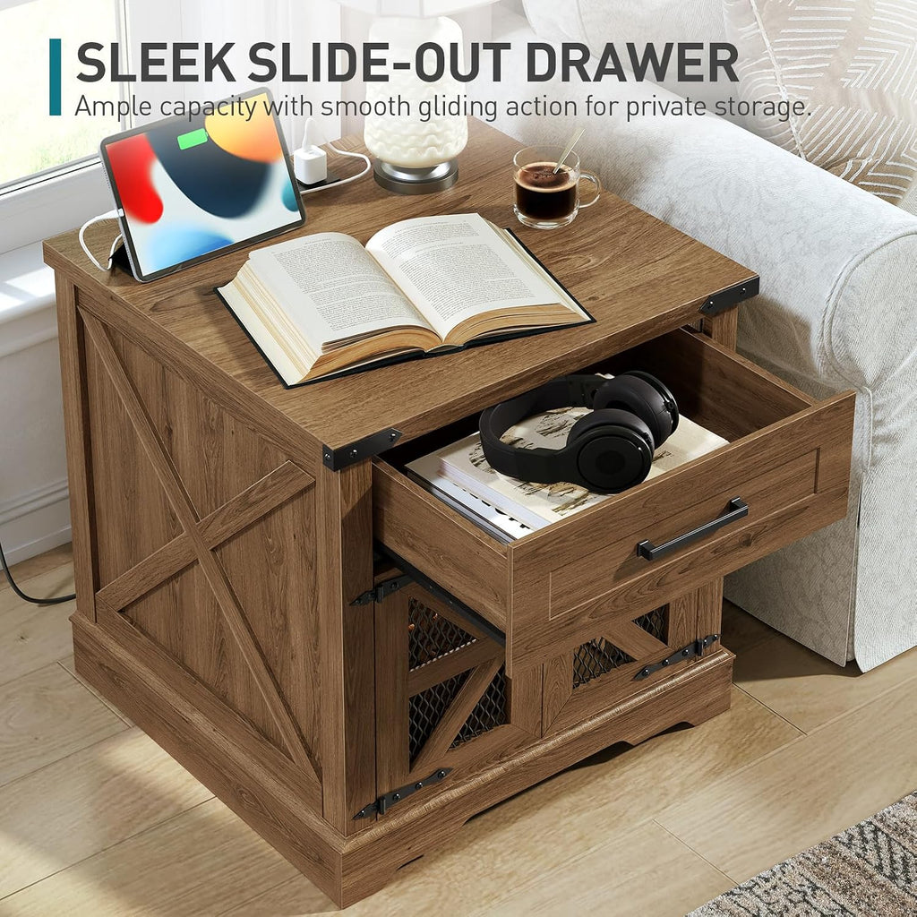 Farmhouse End Table Set of 2, 24" Large Sofa Side Table with Drawer, Large End Table for Living Room, Wooden Nightstand with Charging Station, Square, Walnut