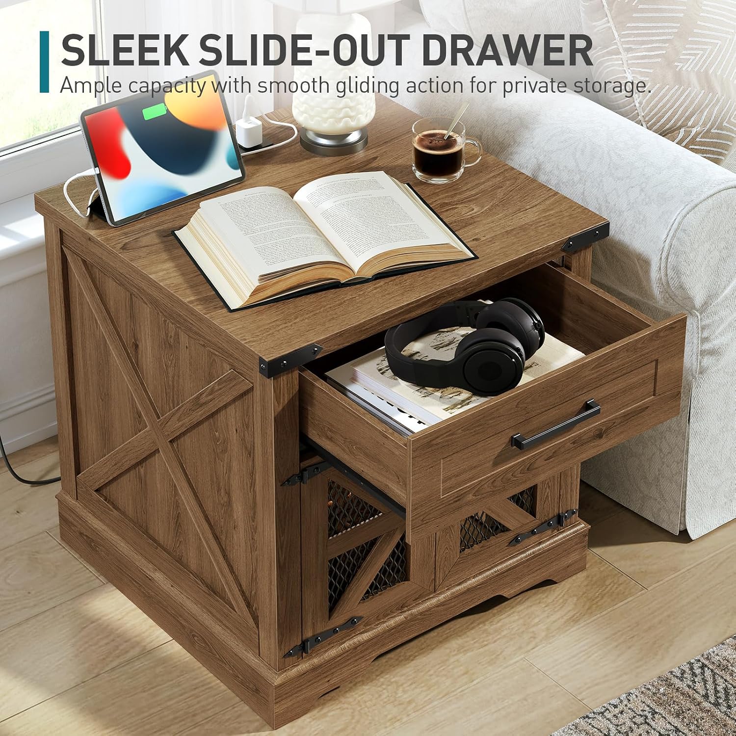 Farmhouse End Table Set of 2, 24" Large Sofa Side Table with Drawer, Large End Table for Living Room, Wooden Nightstand with Charging Station, Square, Walnut