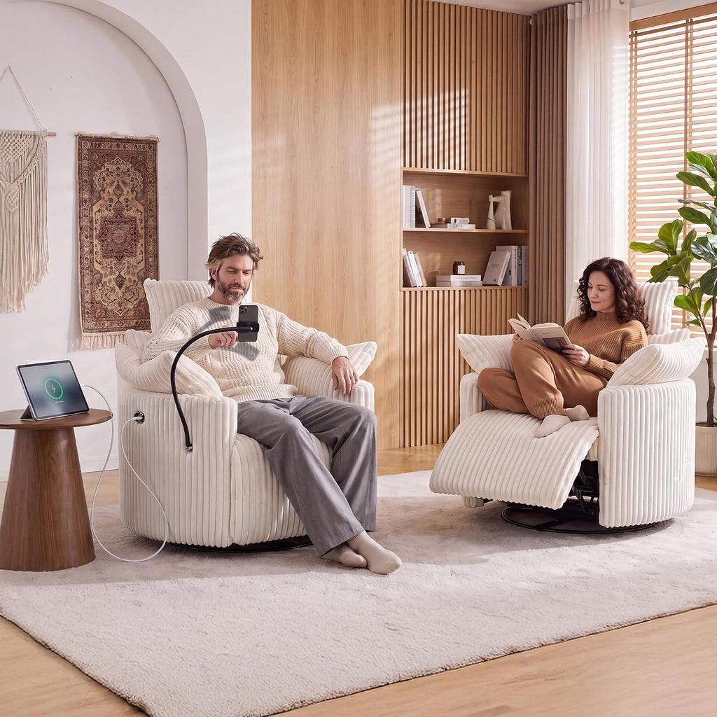 FOXHUNTER Power Nursery Rocking Chairs Glider Rocking Chair 300°Swivel Rocking Recliner with USB Charging Port and Phone Holder,Footrest,for Living Room, Corduroy, White