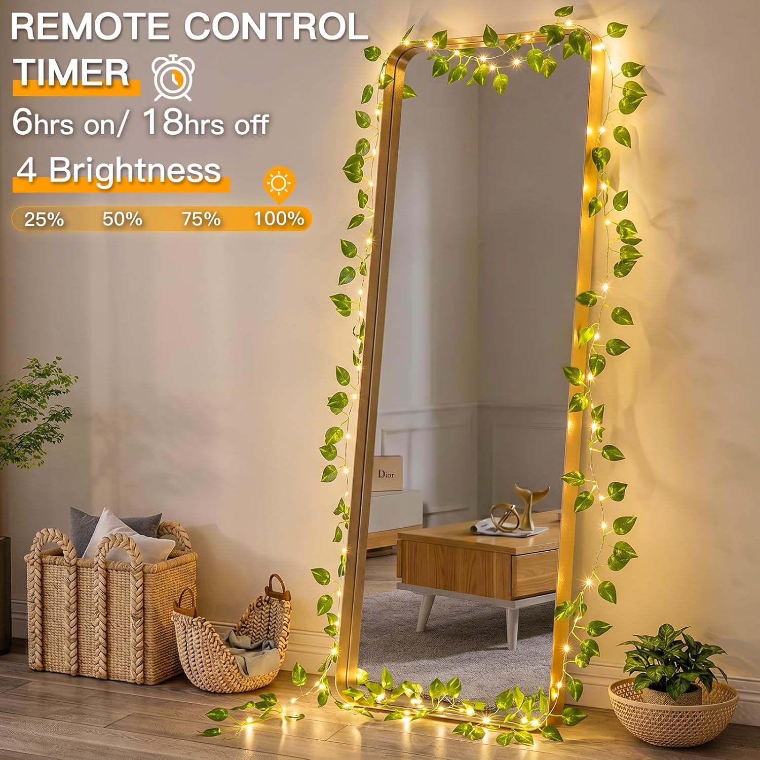 suddus Vine with Fairy Lights Battery Operated, 33ft100 LED Pothos String Lights with Remote, Leaf Lights for Bedroom, Room, Wall, Garden, Party, Wedding Dorm Decor(Warm White)