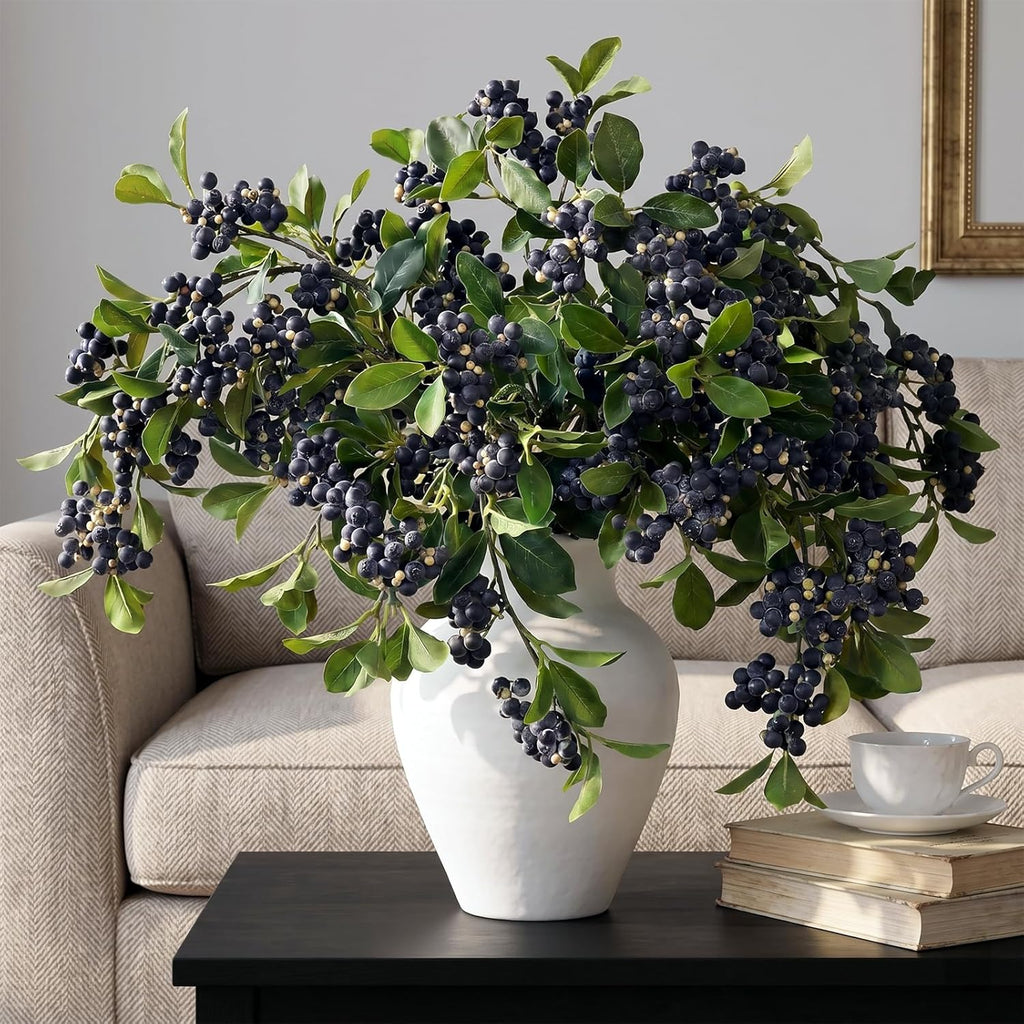 Juxdp 33" Artificial Blueberry Stems for Vase - 4 Pcs Lifelike Faux Blueberries Fruit Branch, Fake Flower Picks for DIY Bouquet, Table Centerpiece, Kitchen, Shower, Home Decoration (Blue)
