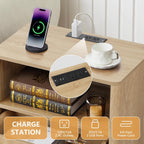 Small Nightstand Set of 2 with Charging Station, Accent Bedside Nightstand with Drawer, Mid Century Modern Bedroom Side Bed Table with Storage for Dorm, Living Room, Couch, Office - Natural