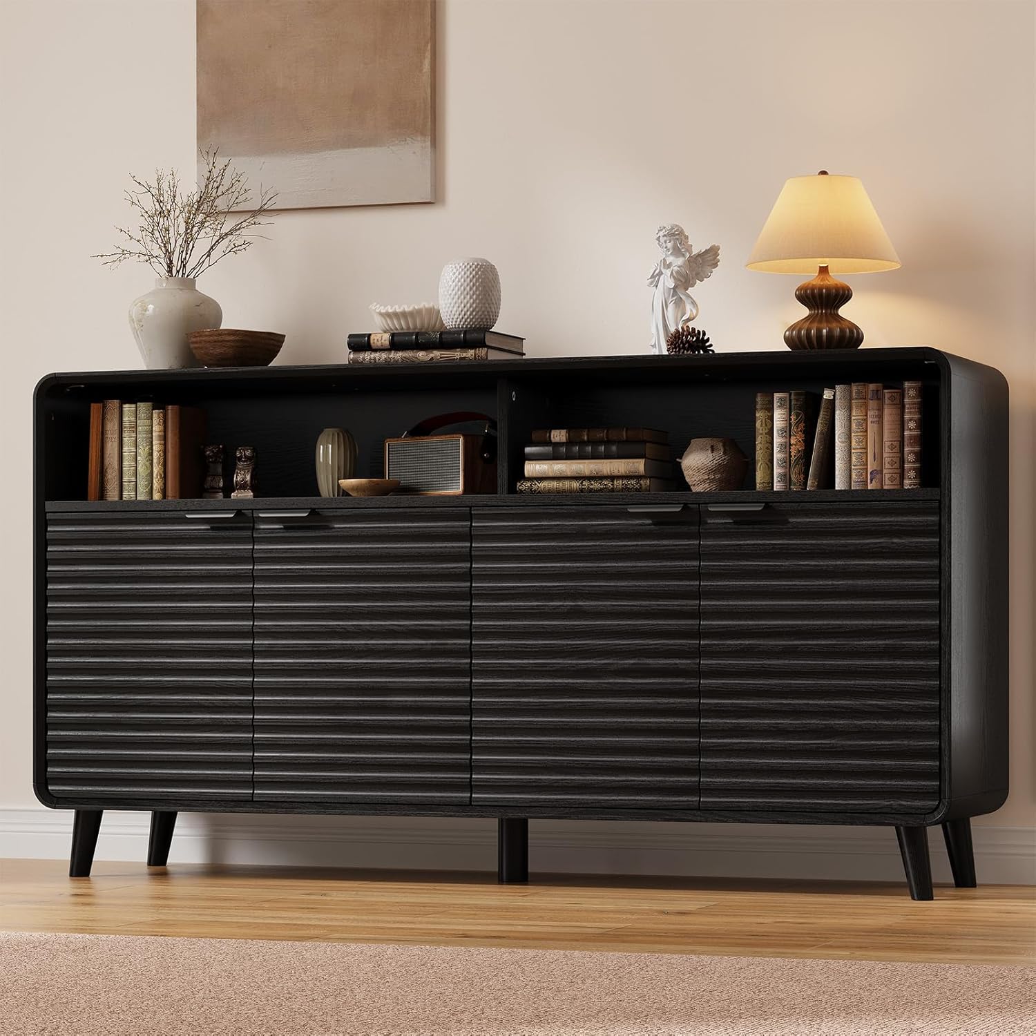 61" Sideboard Buffet Cabinet with Open Storage & 4 Doors, Large Coffee Bar Cabinet with Adjustable Shelves, Mid Century Modern Fluted Buffet Cabinet for Kitchen, Living Room, Black