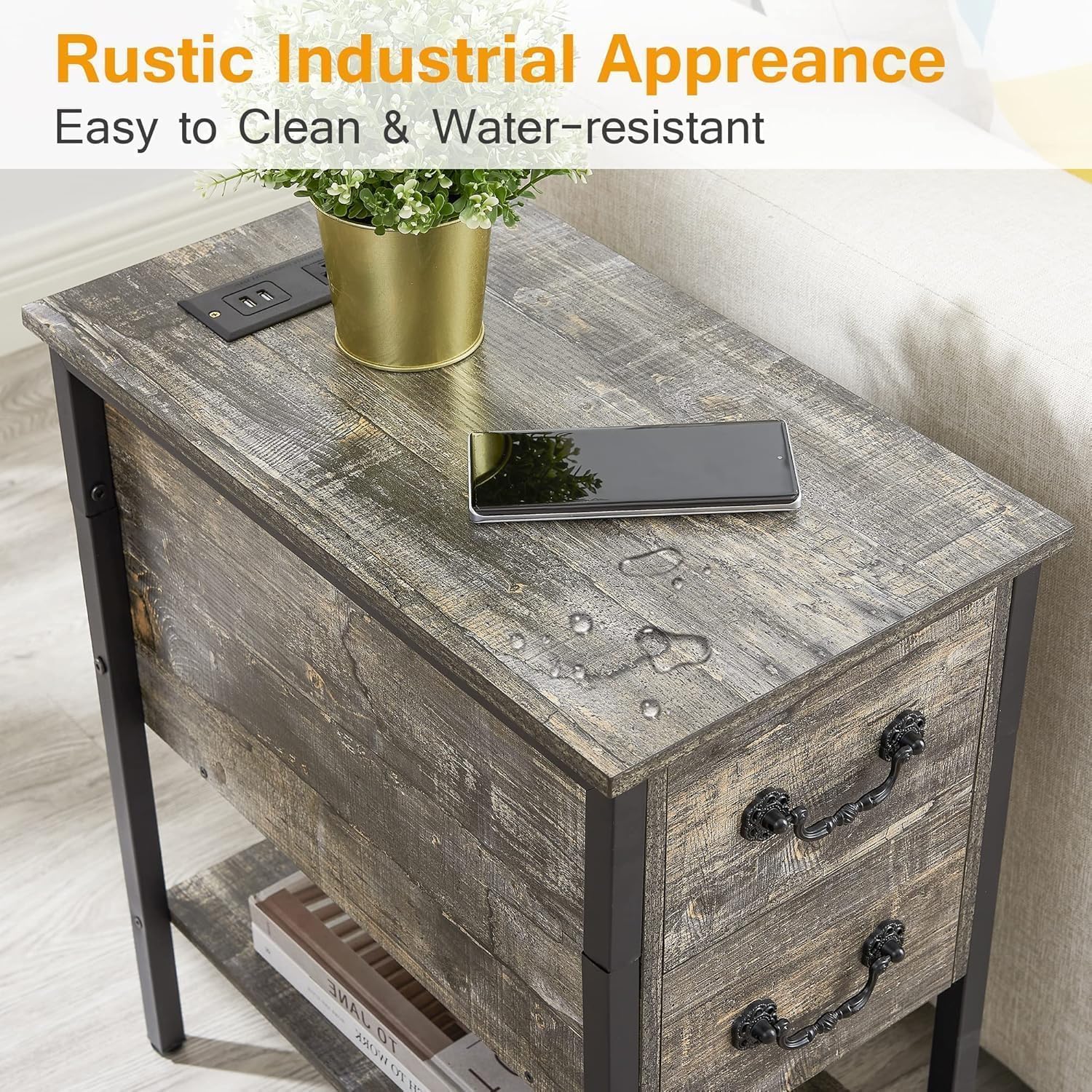 VECELO End Tables,Narrow Nightstands with Charging Station & USB Ports &Drawers,Night Stand for Living Room, Bedroom,Dust Grey