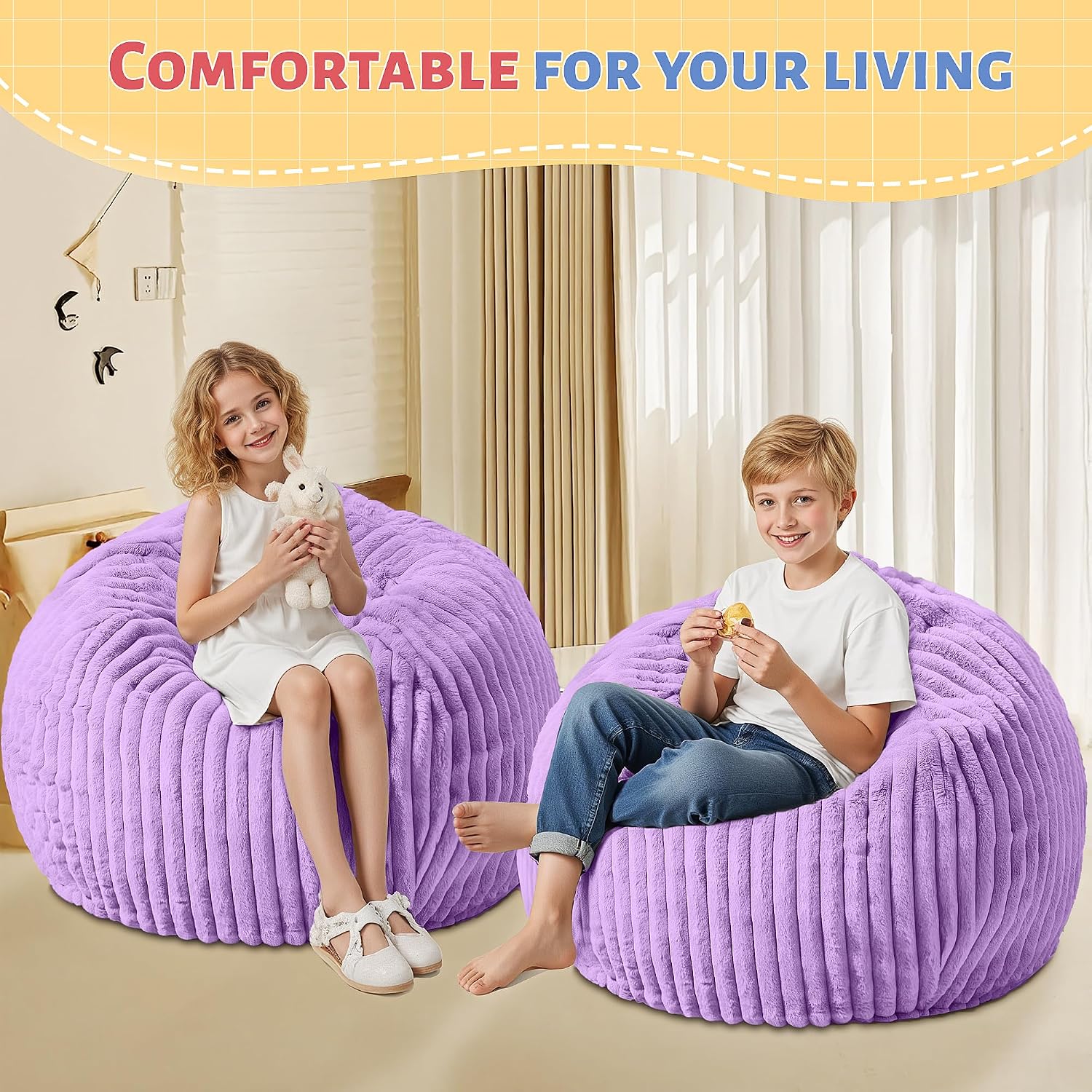 HABUTWAY 2FT Bean Bag Chair, 2' Bean Bag Chairs with Memory Foam Filled, Small Comfy Beanbag Chair with Stripe Plush Cover for Living Room Bedroom Dorm，Purple