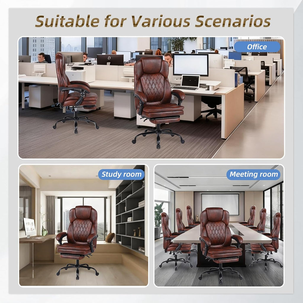 Big and Tall Office Desk Chair, Executive Office Chair with Foot Rest, PU Leather Comfy Reclining Office Chairs for Heavy People, Wide Ergonomic High-Back Computer Chairs, Brown