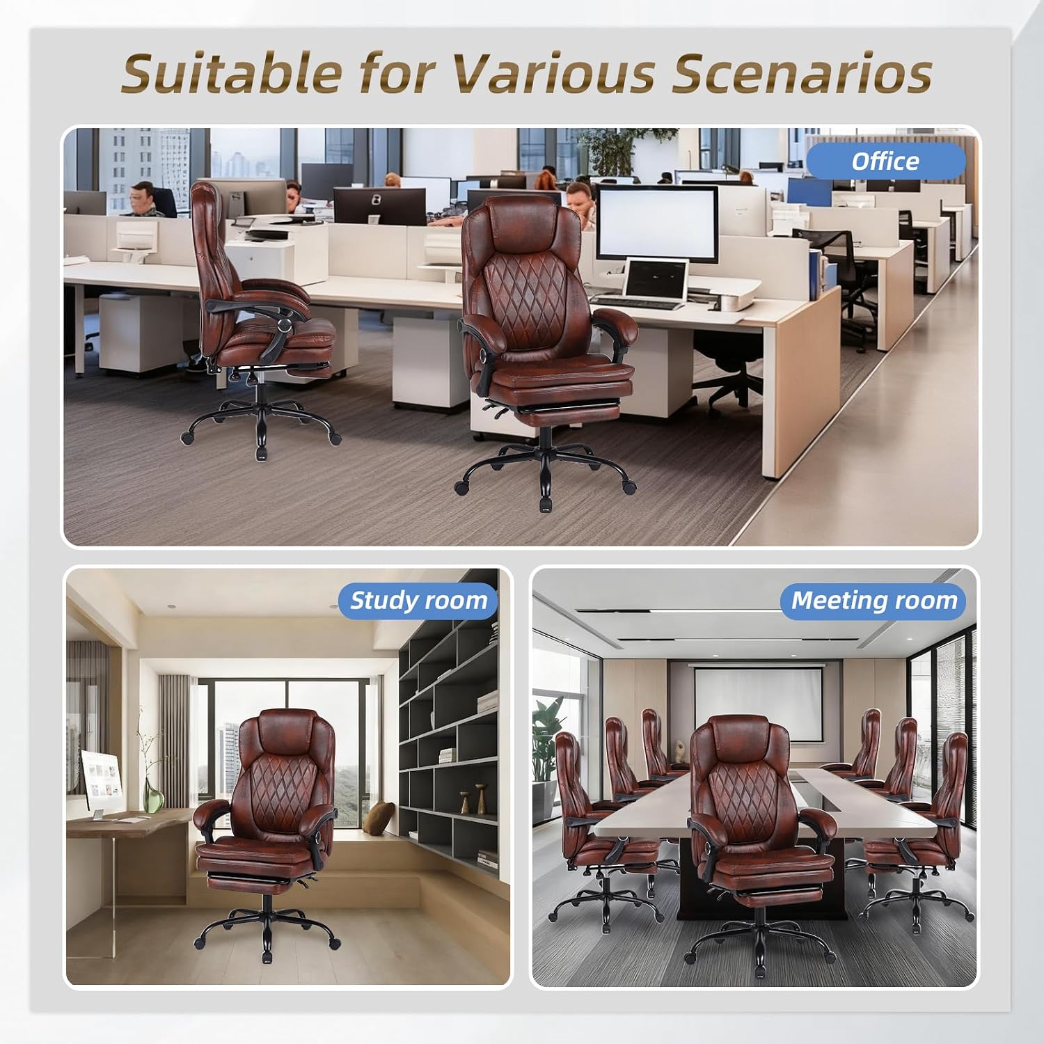 Big and Tall Office Desk Chair, Executive Office Chair with Foot Rest, PU Leather Comfy Reclining Office Chairs for Heavy People, Wide Ergonomic High-Back Computer Chairs, Brown