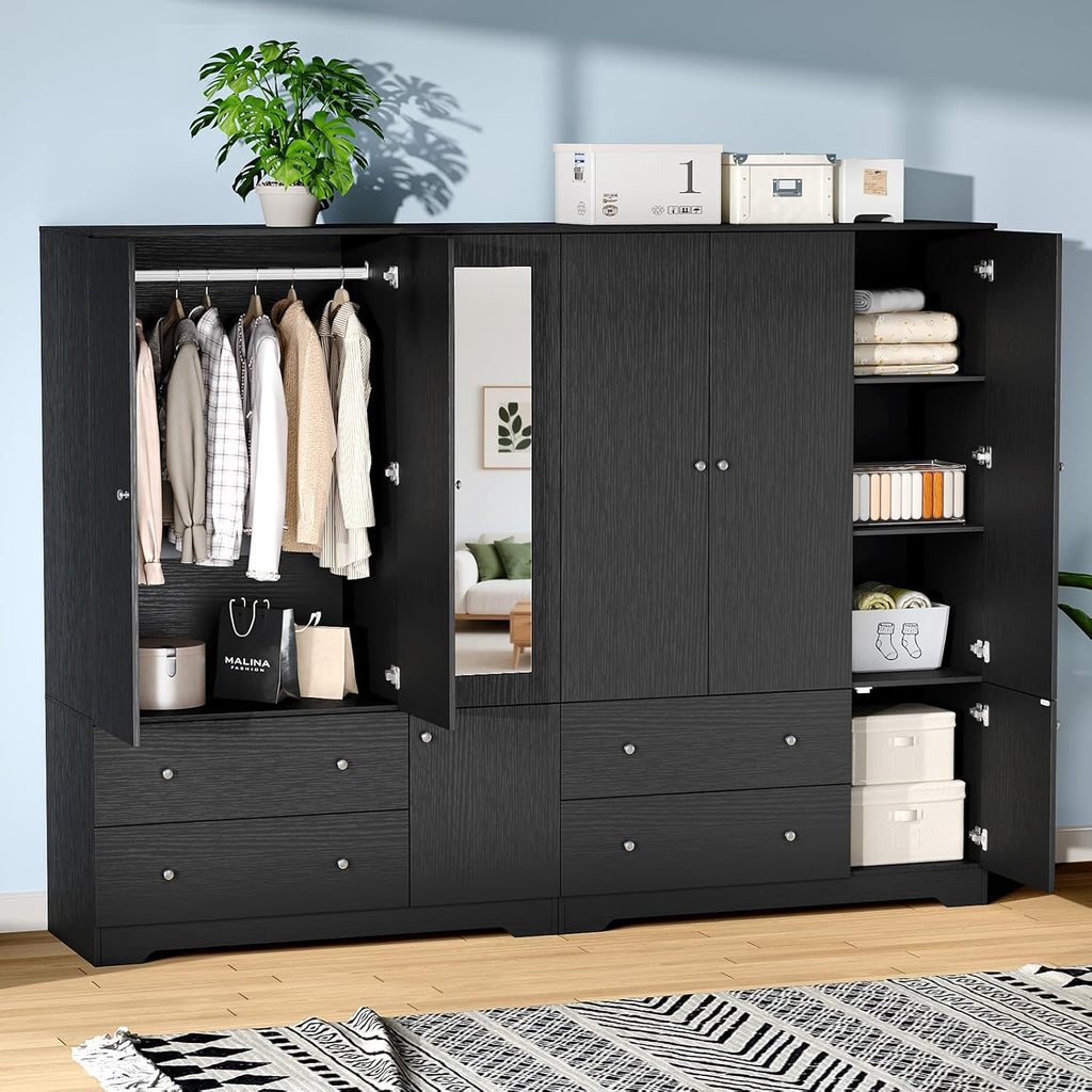 VINGLI Armoire Wardrobe Closet with Doors and Mirror,47" W Wardrobe Cabinet Wooden with Hanging Rod & Shelves Inside, 4 Door Bedroom Armoires with Drawers, Black Freestanding Armoire for Bedroom