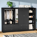 VINGLI Armoire Wardrobe Closet with Doors and Mirror,47" W Wardrobe Cabinet Wooden with Hanging Rod & Shelves Inside, 4 Door Bedroom Armoires with Drawers, Black Freestanding Armoire for Bedroom