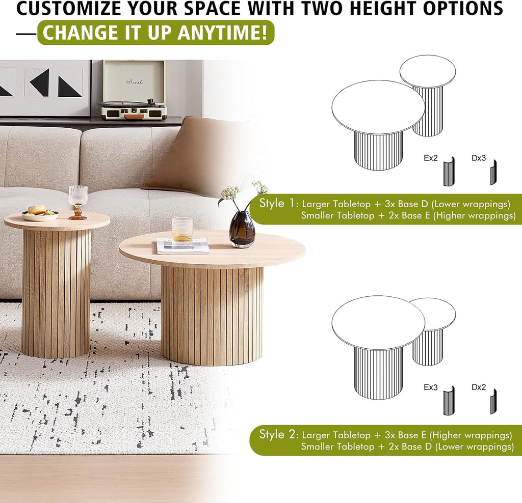 Round Nesting Coffee Table Set of 2, Modern Fluted Wood Side Tables for Small Spaces, Living Room, Bedroom, Balcony, or Office(Natural)