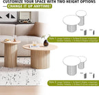 Round Nesting Coffee Table Set of 2, Modern Fluted Wood Side Tables for Small Spaces, Living Room, Bedroom, Balcony, or Office(Natural)