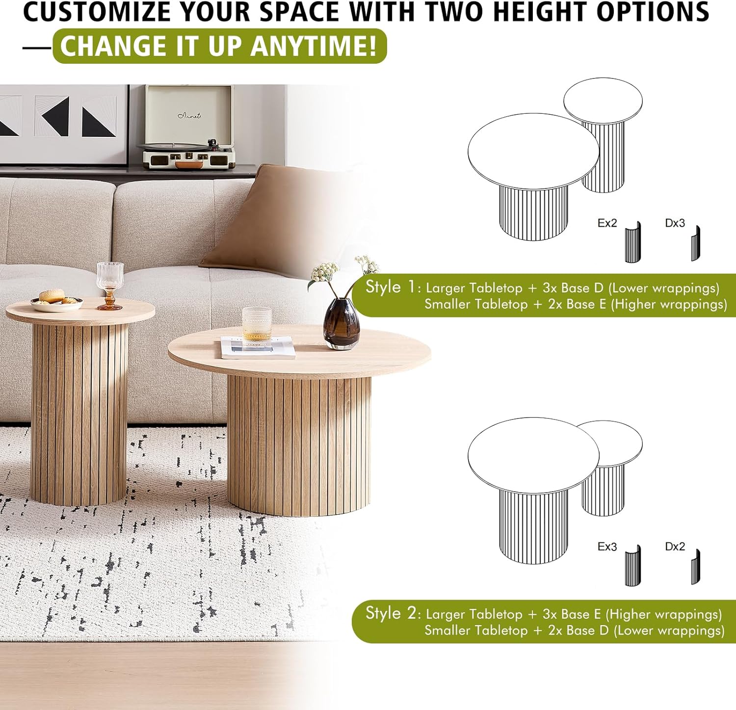 Round Nesting Coffee Table Set of 2, Modern Fluted Wood Side Tables for Small Spaces, Living Room, Bedroom, Balcony, or Office(Natural)