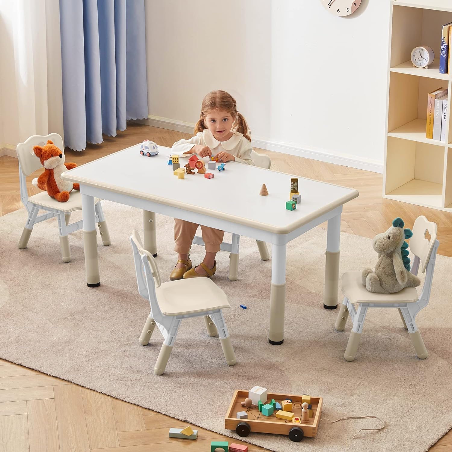 DOREROOM Toddler Table and Chairs Set for 4, 47.2''L x 23.6''W Kids Study Table and Chair Set, Height-Adjustable, Graffiti Desktop, Children Activity Table for Daycare, Classroom, Home
