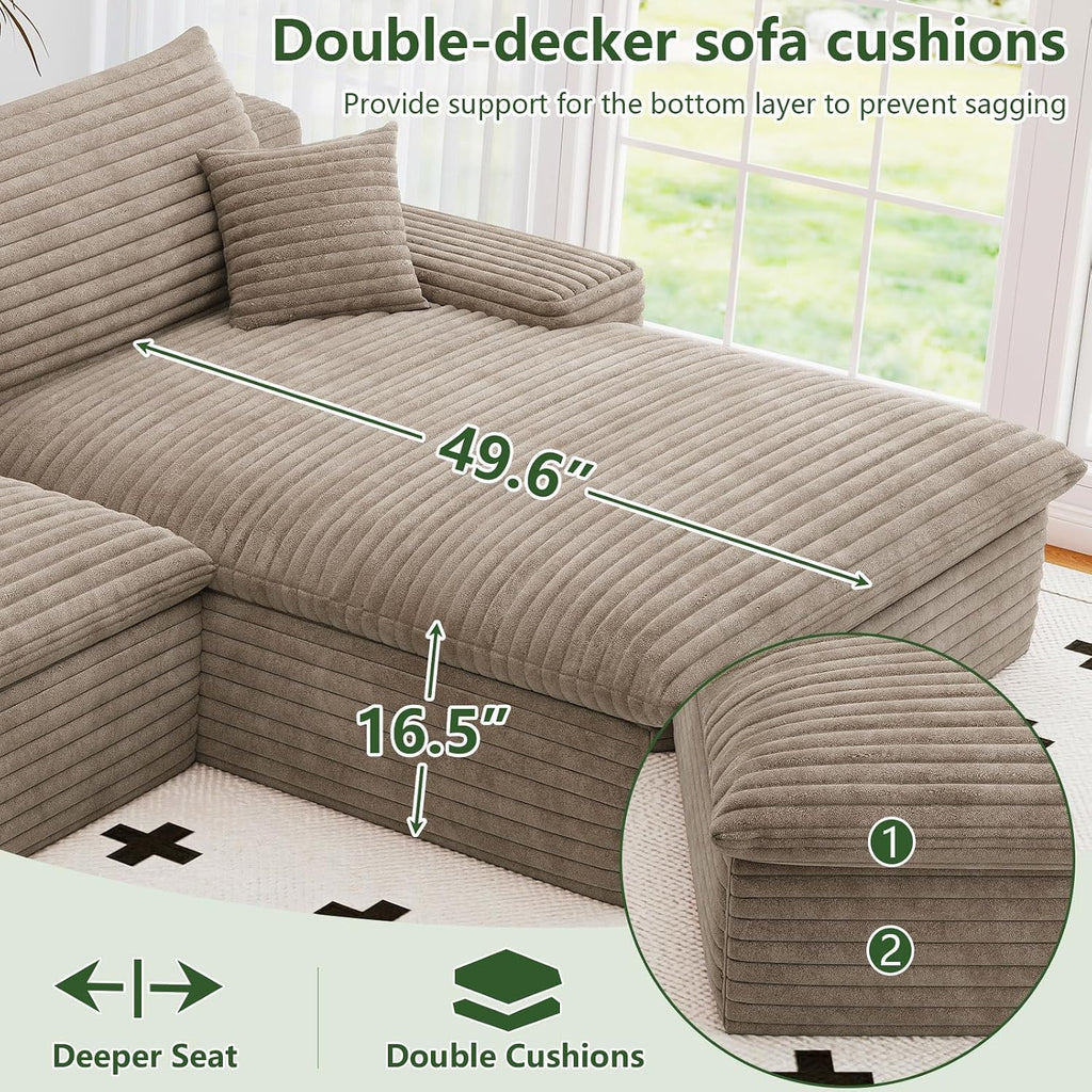 107" Cloud Couch Modular Sectional Sofa for Living Room, U-Shape Boneless Couch with Deep Seat, Modern Corduroy 3-Seater with Ottoman, No Assembly Required (Camel,Right-Facing Chaise)