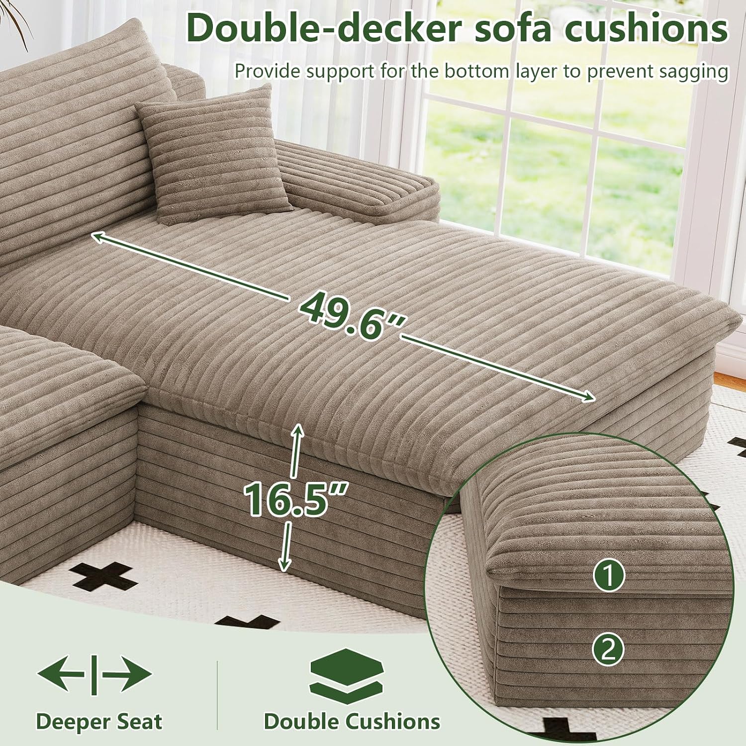107" Cloud Couch Modular Sectional Sofa for Living Room, U-Shape Boneless Couch with Deep Seat, Modern Corduroy 3-Seater with Ottoman, No Assembly Required (Camel,Right-Facing Chaise)