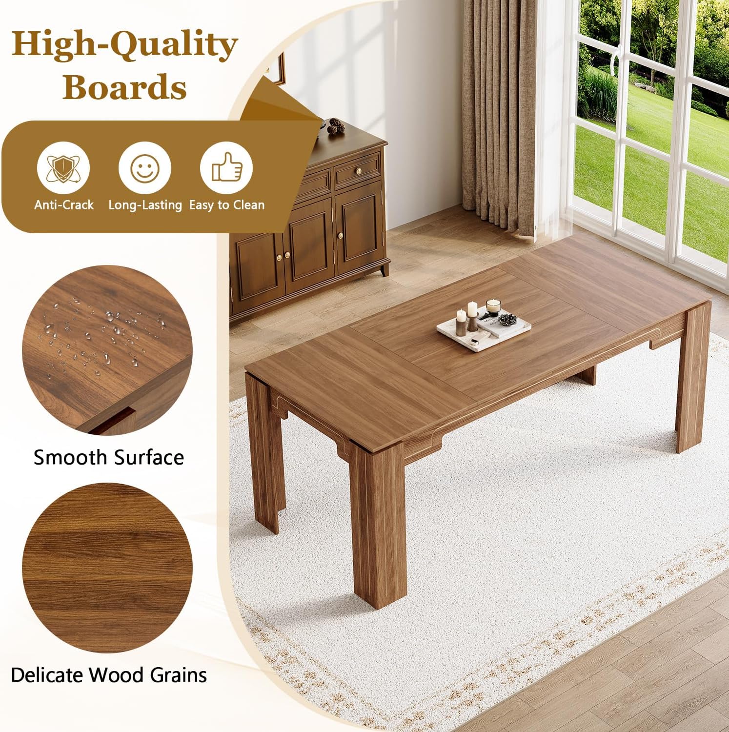 71" Wood Dining Table for 6-8, Large Rectangular Wood Grain Kitchen Dining Table with Thick Stable Legs for Dining Room and Family Dining