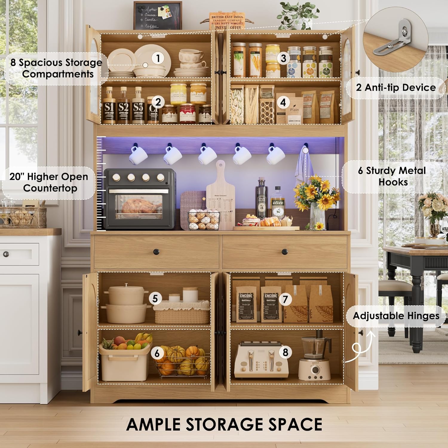 HIFIT 71" LED Kitchen Pantry Cabinet with Power Outlet, Large Kitchen Hutch Storage Cabinet with Arched Door & Shelves & 2 Drawers, Tall Modern Coffee Bar w/Hutch for Home Dining Living Room, Natural