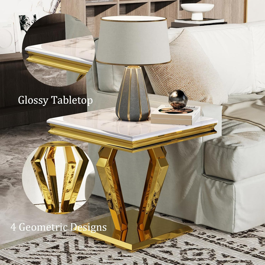 Asday White and Gold End Table for Living Room, Gold Modern End Table, 22 inch Luxury Square Side Table with Polished Geometric Base for Bedroom Home Office Balcony (1PCS)
