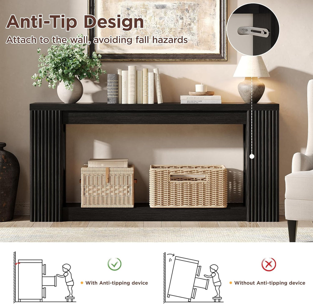 Maupvit Fluted Wooden Console Table with 2 Storage, 71 Inches Rectangular Entryway Table Behind The Couch, Farmhouse Boho Sofa Table for Entrance, Hallway, Living Room (Black)