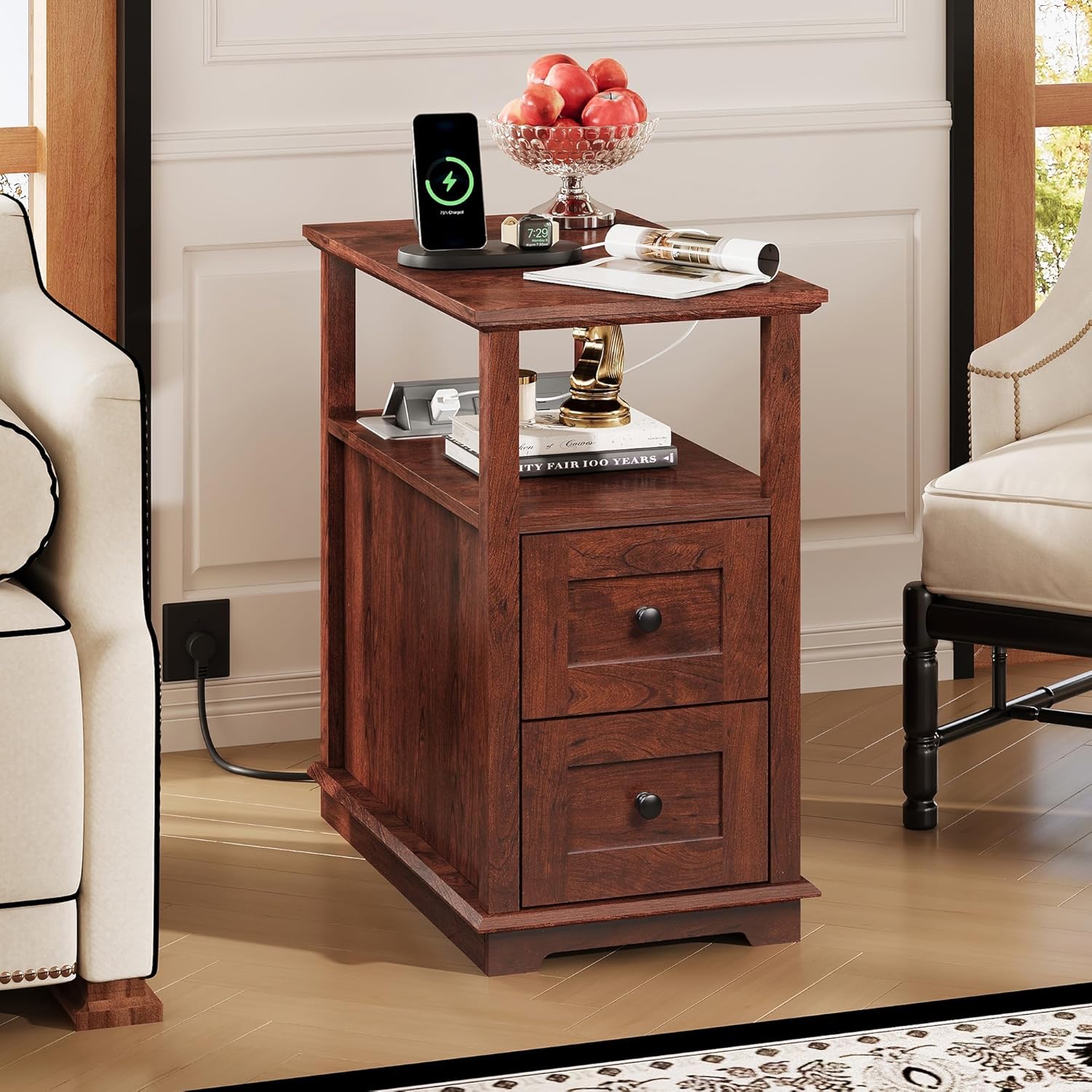 WLIVE End Table with Charging Station, Narrow Side Table for Living Room, Farmhouse Nightstand with Storage, Small Wooden Cabinet with USB Ports and Outlets for Living Room and Bedroom, Cherry