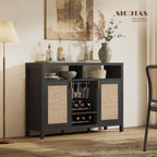 SICOTAS Rattan Coffee Bar Cabinet with Wine Racks & Metal Stemware Holders | 51" Sideboard Buffet Cabinet with Storage, Modern Liquor Cabinet Boho Credenza Buffet Table for Living Dining Room, Black Oak