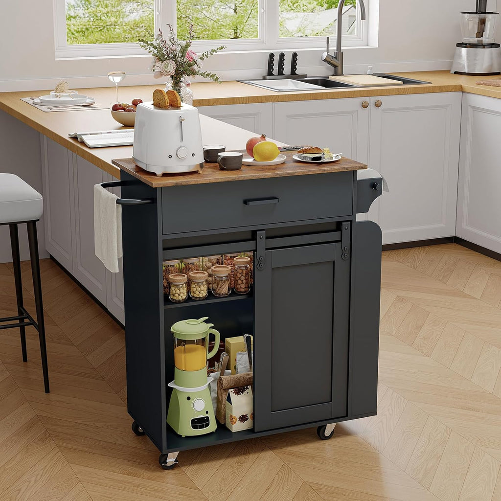 YATINEY Kitchen Island with Storage, Mobile Kitchen Cart with Charging Station, Kitchen Island on Wheels, Rolling Island Table with Sliding Cabinet Door, Black and Rustic Brown ZD01UBR