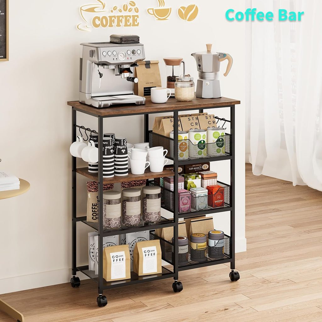 HapiRm Rolling Kitchen Carts with Storage - Microwave Table Stand with 6 Hooks & 3 Baskets, kitchen Island Cart on Lockable Wheels, 28.3" L × 14.6" W Bakers Rack Cart for Dining Room Coffee Bar Office
