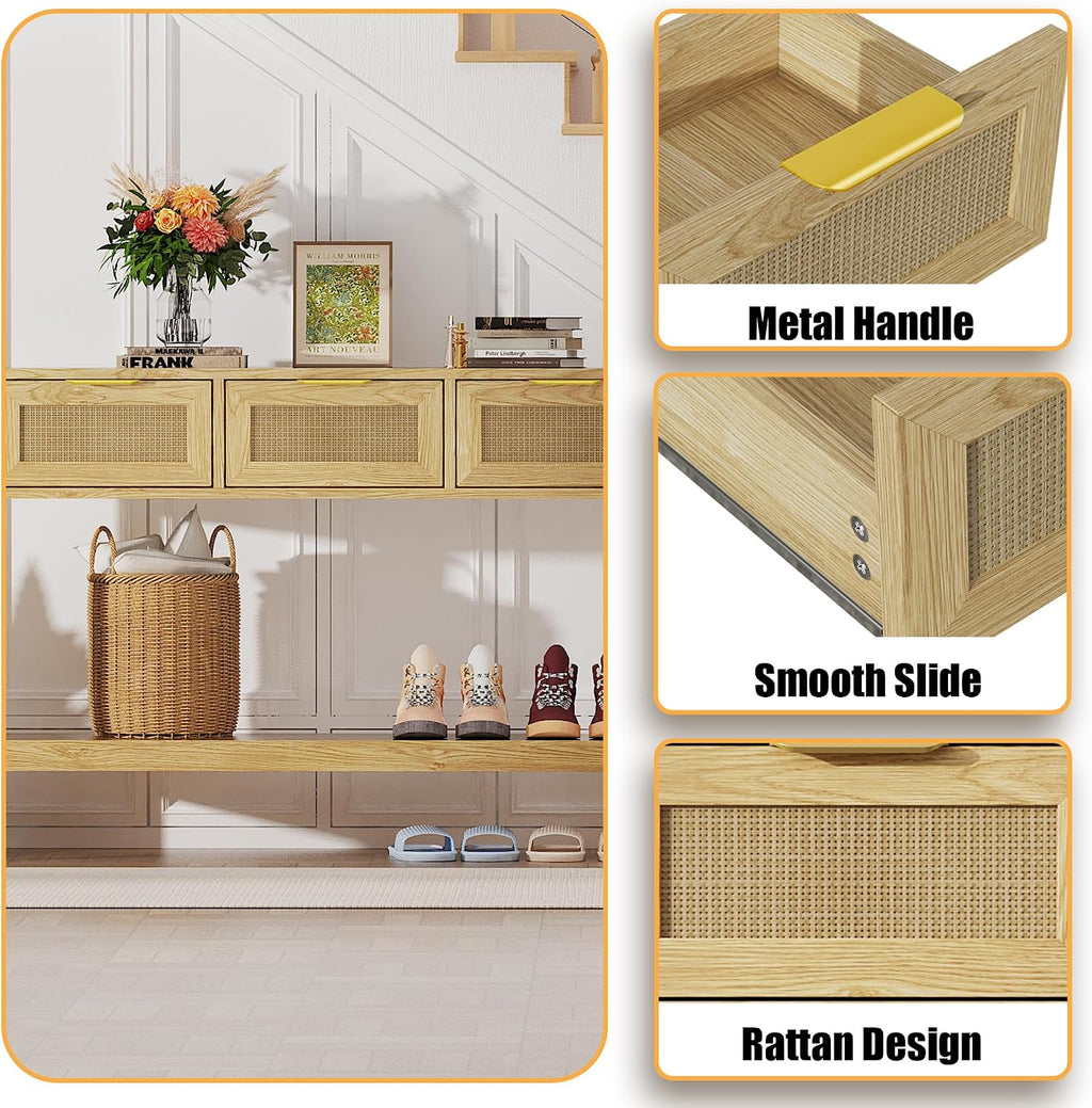 Entryway Table, Rattan Console Table with 3 Storage Drawers and Storage Shelf, Sofa Table with Socket, for Entryway, Living Room, Behind Couch and Hallway (Light Yellow)