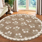 Tan 6ft Round Area Rug for Living Room - Large Washable Floral Neutral Farmhouse Scalloped Circle Rug for Bedroom Stain Resistant Dining Room Rugs for Under Round Table Carpet for Living Room