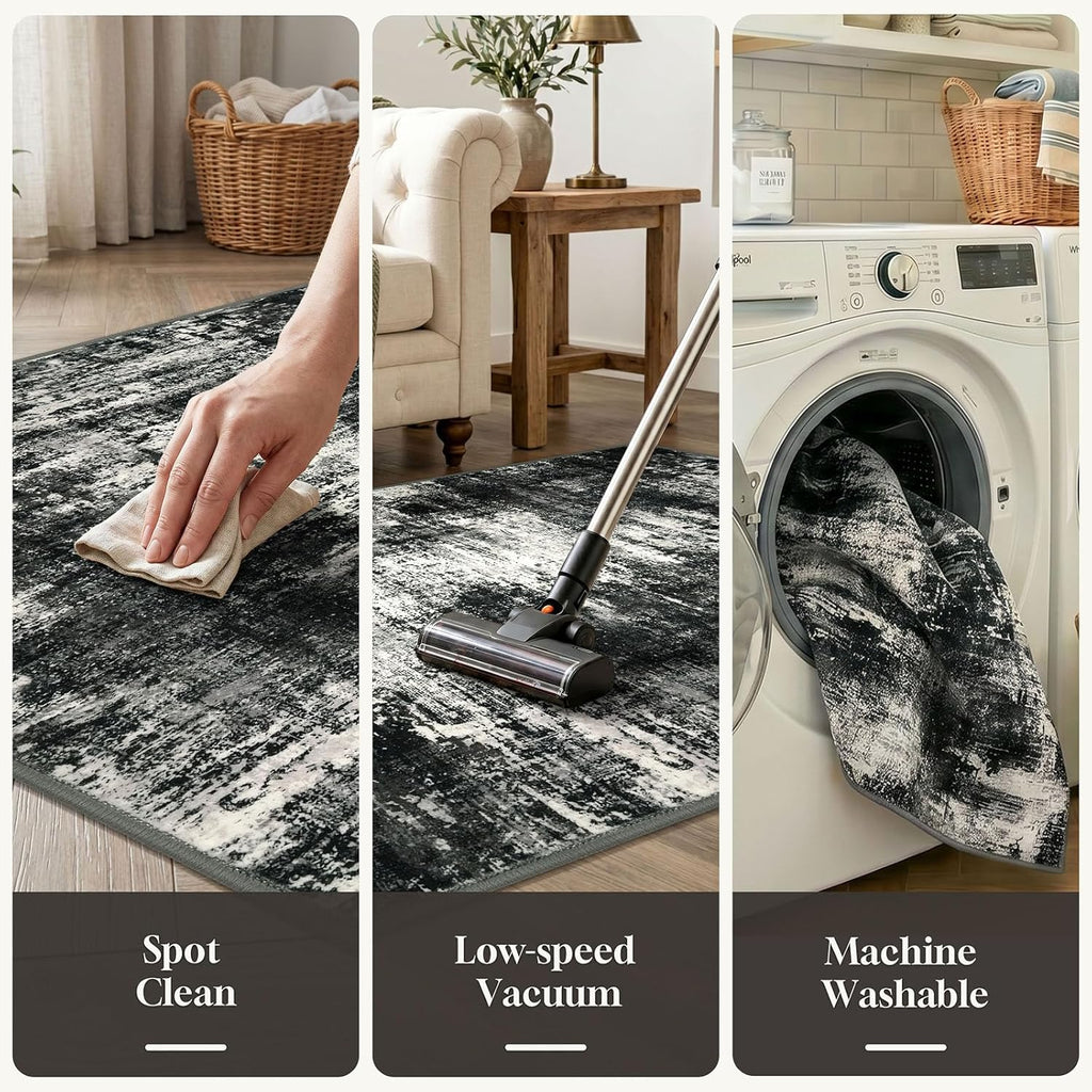 Lansny Abstract Small Area Rug 2x3 Entryway Rugs Washable Door Mat Entrance, Non Slip Kitchen Rugs, Rubber Backed Throw Rug Printed Faux Wool Floor Carpet for Front Door Foyer Entry Sink, Black Grey