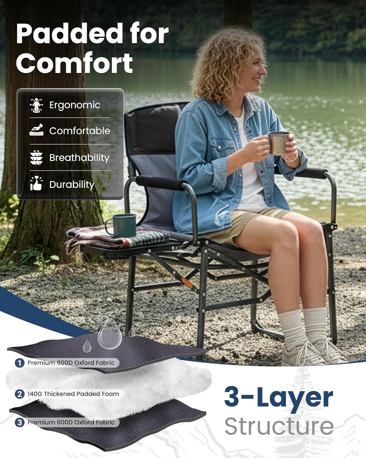 KingCamp Oversized Camping Directors Chair for Big and Tall, Heavy Duty 440lbs Folding Chairs with Side Table, Portable Padded Camp Chairs with Wide Seat & Anti-Sag Fabric for Outdoor Lawn Fishing RV