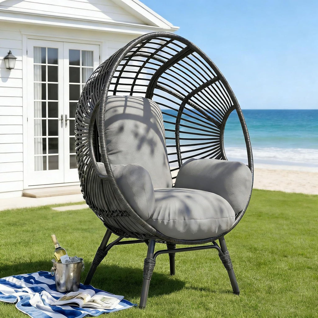 Indoor Egg Chair Wicker Outdoor, 400lbs Capacity, 8-Inch Cushion, Weather-Resistant PE Rattan Balcony Chairs(Black+Gray)