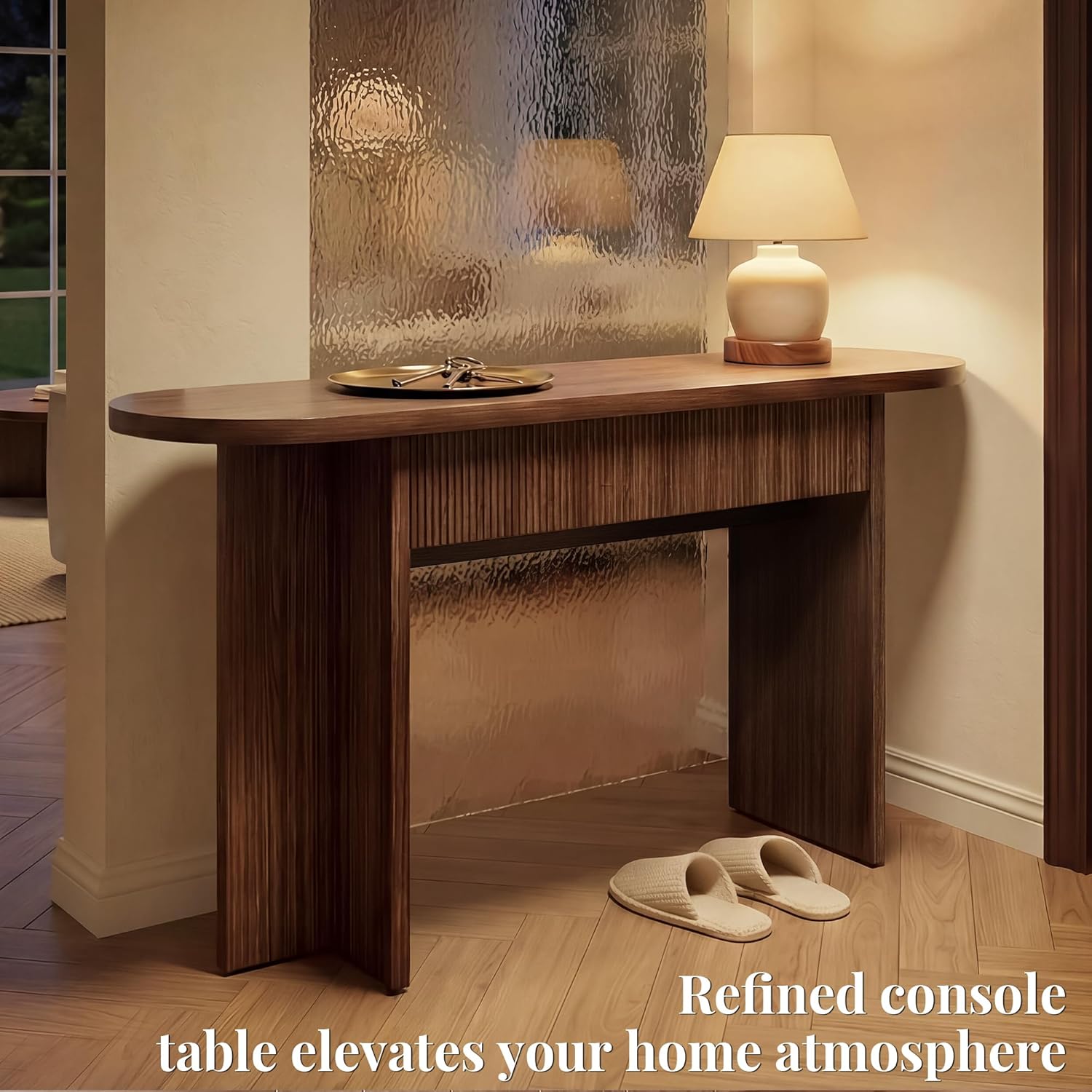 63 Inch Fluted Console Table with Drawers, Entryway Table with Storage, Modern Rounded Hallway Table for Narrow Spaces（Brown）