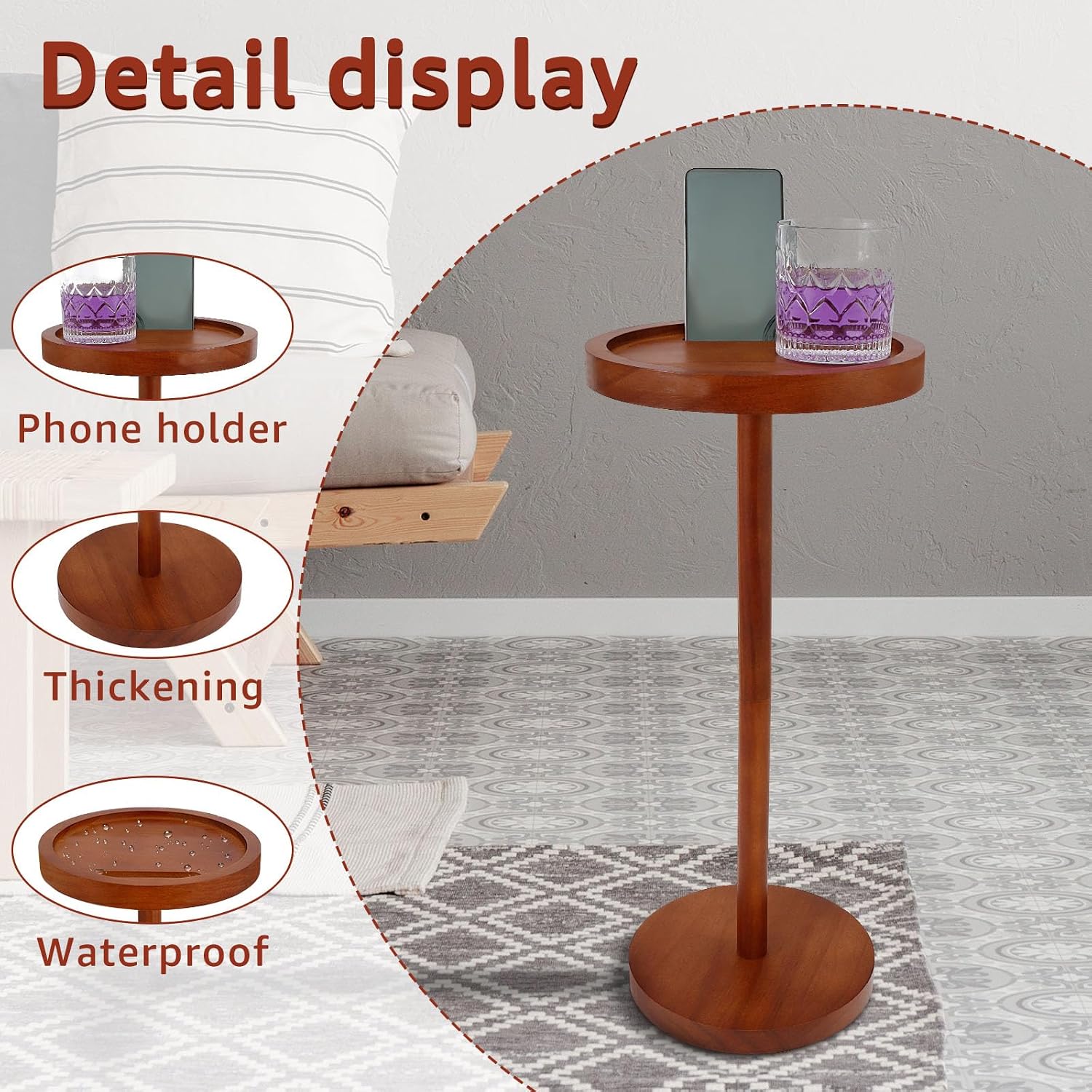 Pedestal Side Table With Weighted Base and 360 Rotating Phone Holder - Small Round Table for Living Room, Home Office, Small Spaces