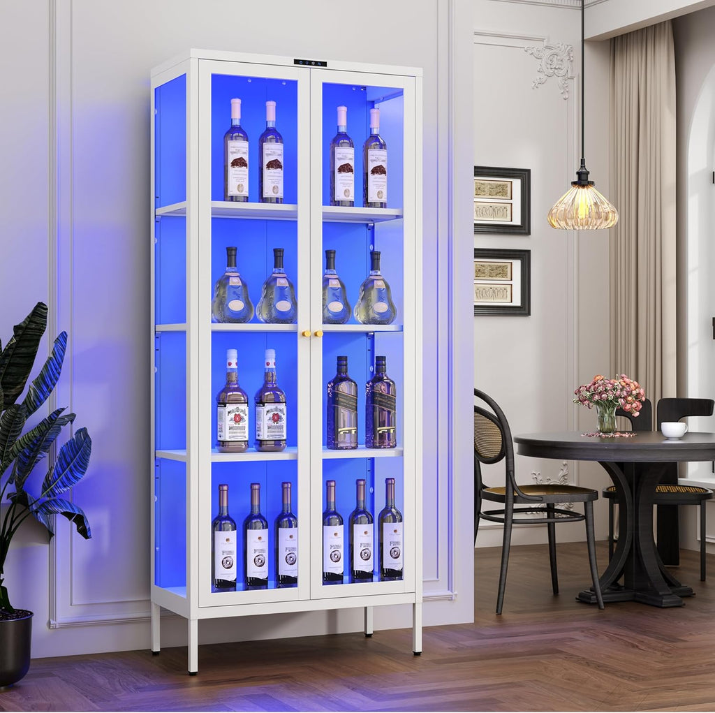 Polup Metal Glass Display Cabinet with Glass Doors, Lighted Curio Cabinet with 8-Color LED Lights, 66 Inch Tall Display Case for Collectibles, Plants, White Glass Cabinet for Living Room