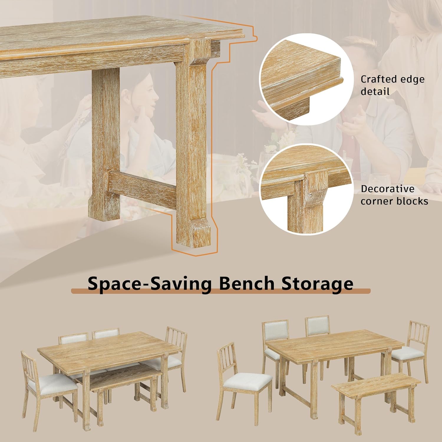 LUMISOL 6-Piece Dining Table Set for 6, Farmhouse Kitchen Table Set with 4 Upholstered Chairs with Bench, Solid Wood Table and Chairs Set for Kitchen, Dining Room, Natural Wood Wash+Beige