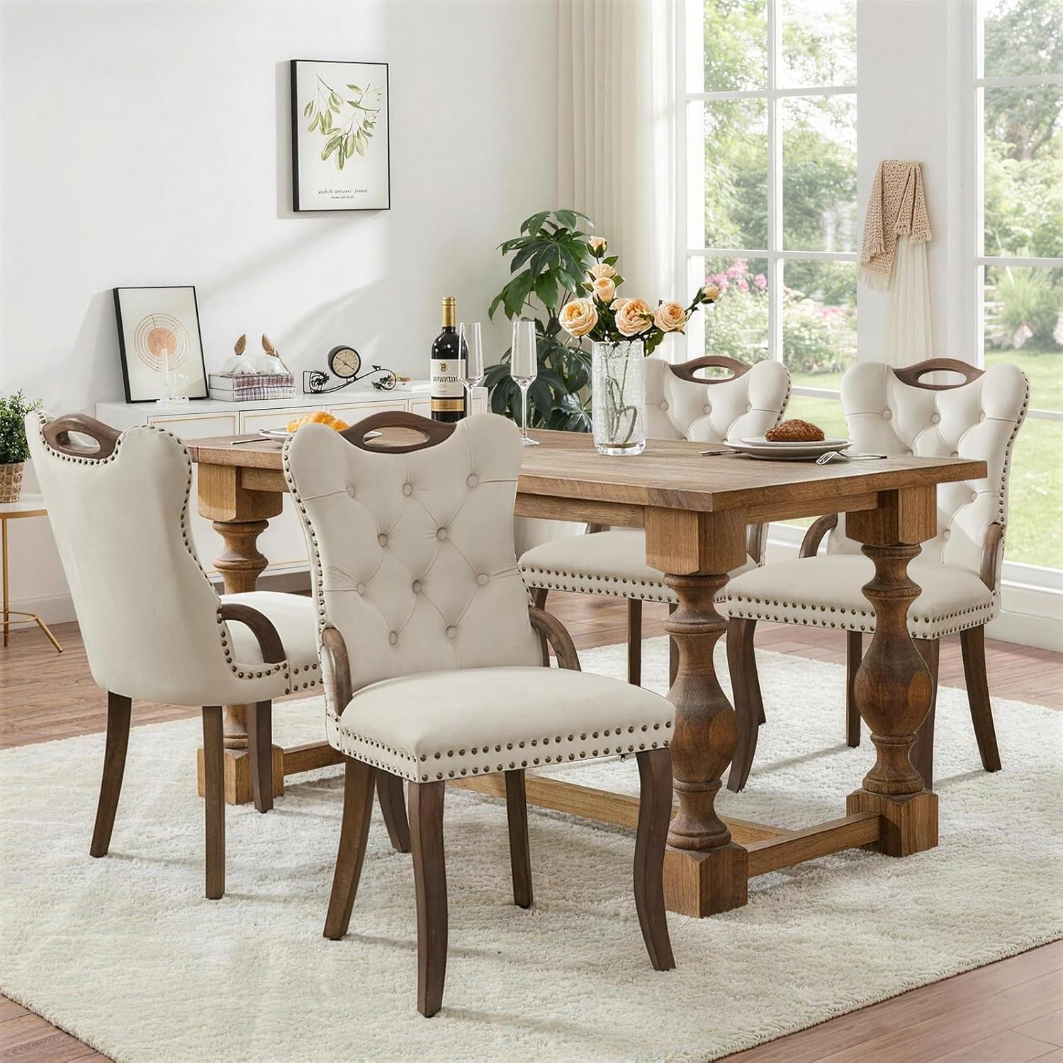 SoarFlash Velvet Dining Chair Set of 4, Solid Wood Handles, Upholstered Tufted Dining Room Chair with Nailhead Trim for Dining Room, Living Room, Office (Beige)
