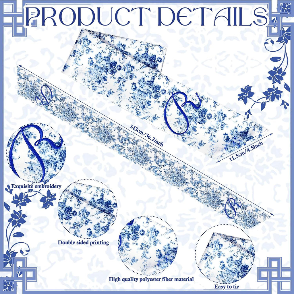 Mindsoft 2 Pcs Monogram Wreath Sashes for Front Door Letter R Embroidery Chinoiserie Wreath Sash 56.2 Inch Blue and White Door Decorations for Porch Yard Bridal Shower Housewarming Gift