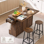 Okvnbjk 57" Rolling Kitchen Island with Storage & Drop Leaf, Walnut | Mobile Island with Trash Can Storage Cabinet, Power Outlet, Large Island Cart on Wheels with Spice & Towel Rack, Knife Holder
