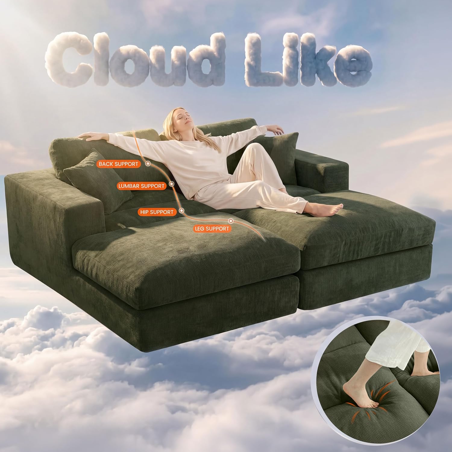 80.7" Oversized Double Chaise Lounge Chair Indoor, Cloud Boneless Sleeper Sofa Bed with 4 Pillows, Extra Deep Seat Cozy Loveseat Couch for Living Room Bedroom, No Assembly Required (Green)