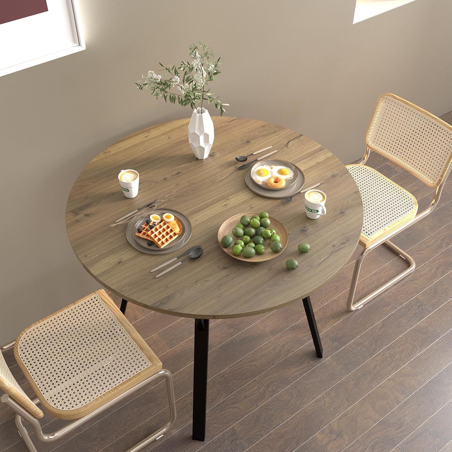 Round Dining Table with Metal Black Legs,35.43 Inch Circle Brown Kitchen Table Modern Dining Room Smal Table for 2-4 People (35.43'')