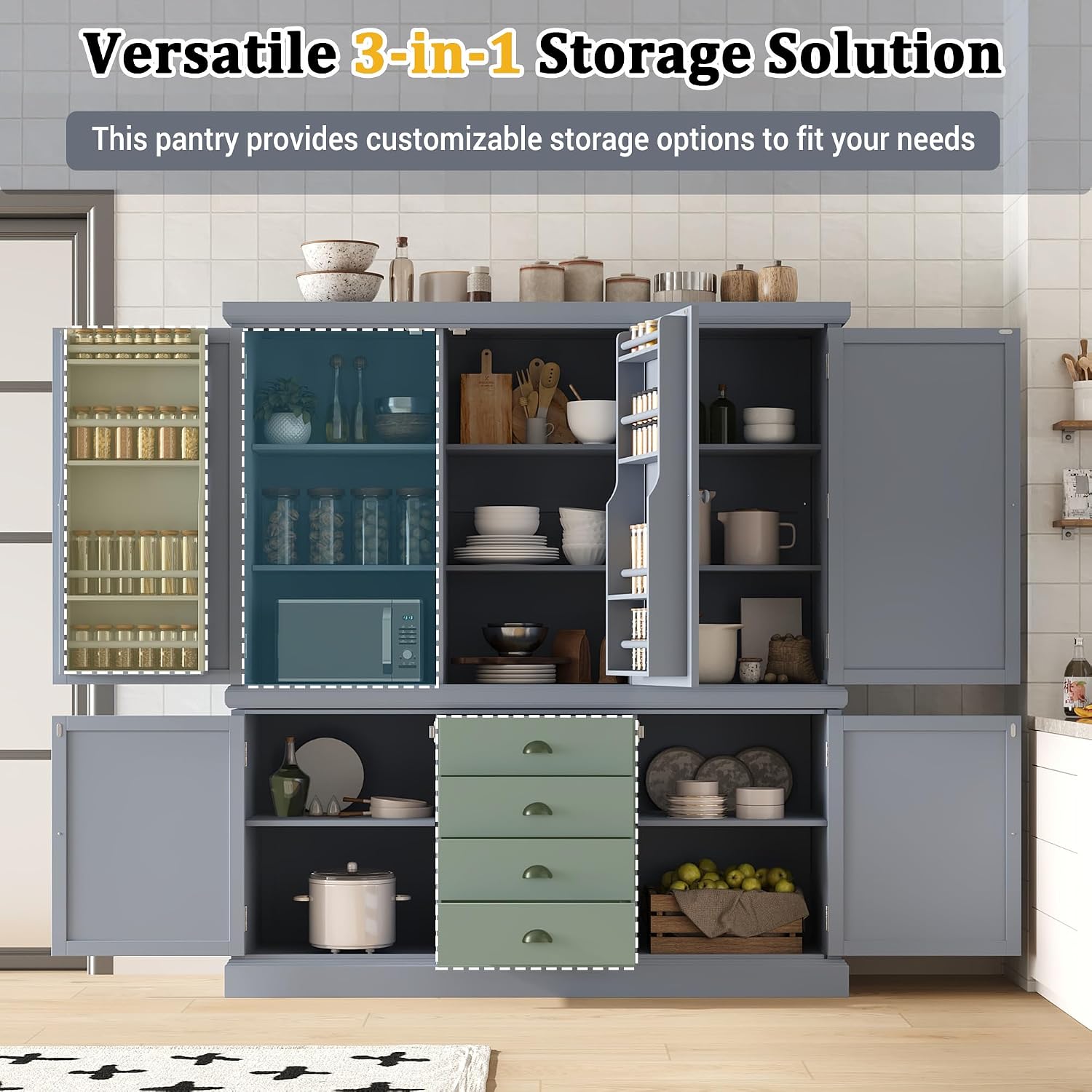 73'' Traditional Freestanding Wooden Kitchen Pantry, Large Kitchen Storage Unit Cupboard with Drawers Cupboard with Door Shelves and Adjustable Shelves (Gray-T)